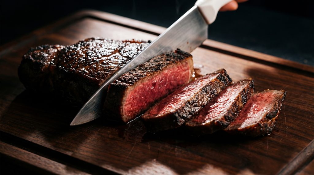 A,Close,Up,Shot,Of,A,Juicy,Steak,Being,Sliced